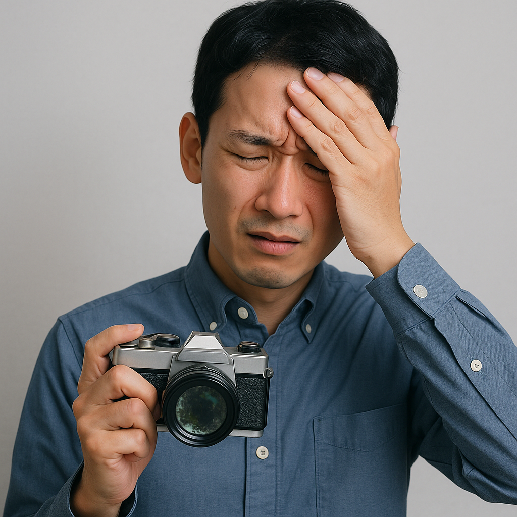 カビのあるフィルムカメラを見て落ち込む男性の様子
