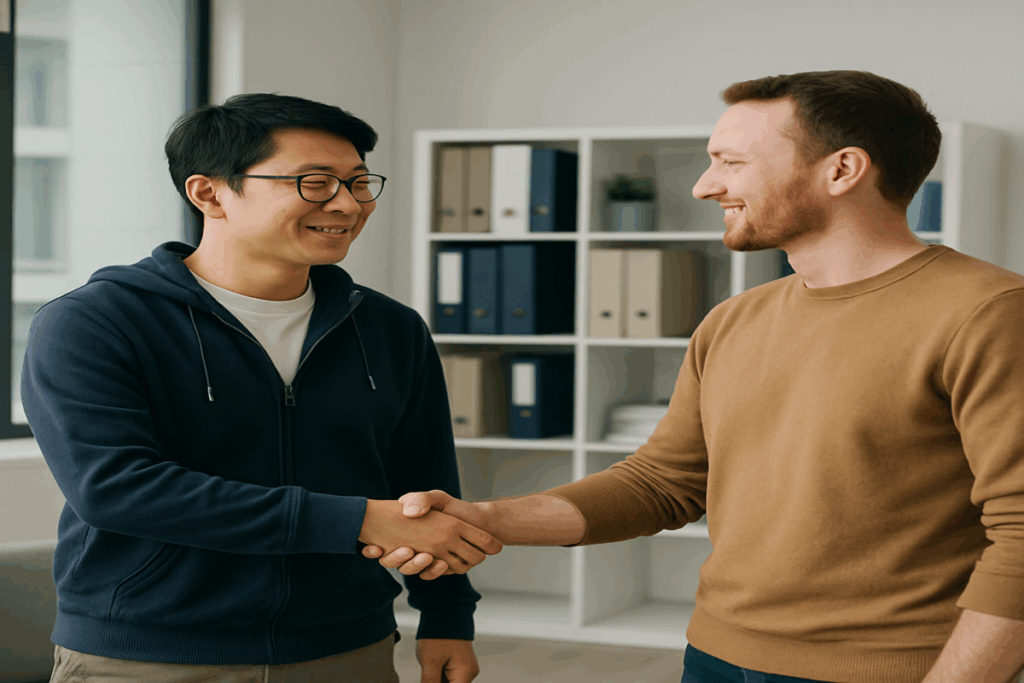大阪でカメラ買取を行うバイカメのプロフェッショナルなスタッフが、外国のビジネスマンとカジュアルに握手しているシーン
