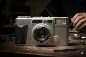 ジャンク状態のフィルムコンパクトカメラ。外装割れや破損があり修理ベースとなる個体の例